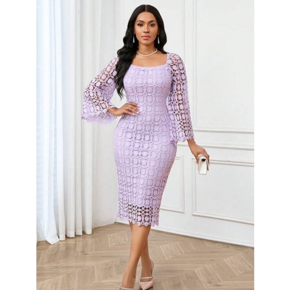 Boho Crochet Lace Lilac Purple Wedding Guest Party Dress Lace XL Bell Sleeves